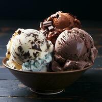 Chocolate and vanilla ice cream bowl dessert close up photo