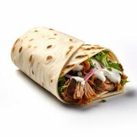 Shawarma with beef and chicken vegetables and red sauce isolated on white background photo