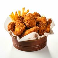 Fried chicken in paper bucket isolated on white background photo