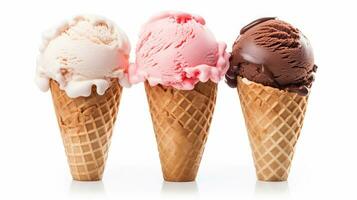 Ice cream scoops with vanilla, chocolate and berry scoops and topping photo