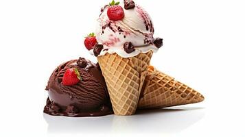 Ice cream scoops with vanilla, chocolate and berry scoops and topping photo