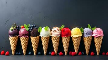 Colorful ice cream cone rainbow jimmies chocolate and strawberry toppings floating Ice cream summer concept photo