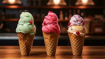 Ice cream scoops with vanilla, chocolate and berry scoops and topping photo