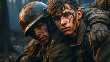 fraternidad y batalla un soldado y un médico en un guerra zona con barro y sangre cara ai generado foto