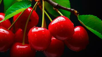 Premium Cherries A Cherry Cluster with Water Droplets and Tree Ripened Goodness AI Generated photo