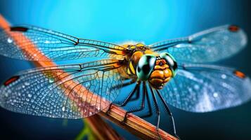 A Yellow and Black Striped Dragonfly Resting in Nature AI Generated photo