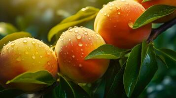 A Macro Photo of Two Fresh and Juicy Peaches Hanging from a Branch AI Generated
