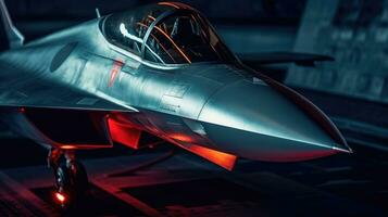 A Futuristic and Supersonic Fighter Jet in a Dark Hangar AI Generated photo