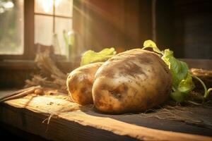 dos grande patatas en un antiguo rústico cocina mesa cima. generativo ai foto