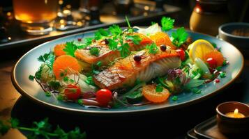 Culinary Art A Creative and Exquisite Fusion Dish with Fish and Vegetables AI Generated photo