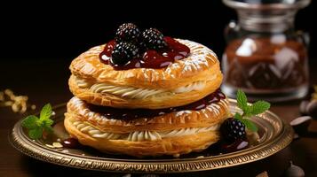 Gourmet Patisserie A Flaky Dessert with Cream and Fresh Blackberries AI Generated photo
