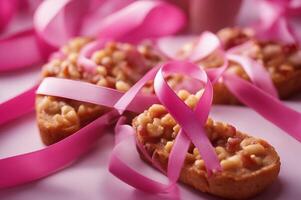 Peanut butter and bread image generated by ai. Sandwich with butter and pink ribbon. photo