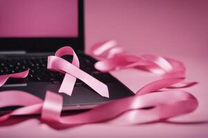 rosado pecho cáncer conciencia cinta con ordenador portátil. imagen generado imagen. foto