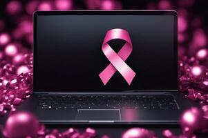 Pink breast cancer awareness ribbon with laptop. Image generated image. photo