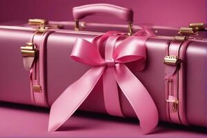 An ai generated image Pink beautiful luggage with pink ribbon. photo