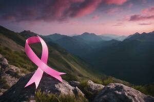 Ai-generated image Breast cancer awareness month pink ribbon on mountain photo