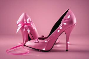 Ai generated image Breast cancer pink ribbon on black high heel. photo