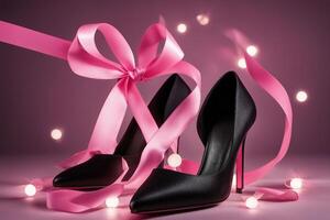 Ai generated image Breast cancer pink ribbon on black high heel. photo