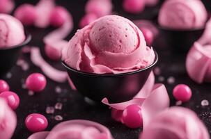 Sweet pink ice cream with scattered roses. image generated by ai. photo