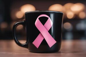 An ai generated image Breast cancer pink ribbon on black coffee cup photo