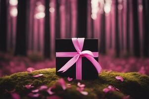 Ai generated image of gift box with pink ribbon. photo