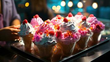Colorful Ice Cream Cones with Whipped Cream and Raspberries AI Generated photo