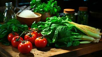 Fresh and Organic Produce on a Wooden Table with a Farm View AI Generated photo