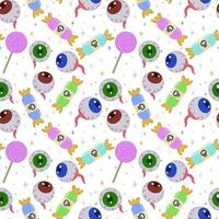 Seamless vector pattern with eyes and candy. Scary eyes and candy for Halloween party decoration. A banner, poster or postcard for an October party. Halloween pattern background. Vector illustration