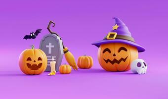 Halloween Promotion Poster or banner template with Halloween pumpkin ghost,candy,bat,spider and Halloween elements.Website banner in 3D style for poster or greeting card.3d render illustration photo