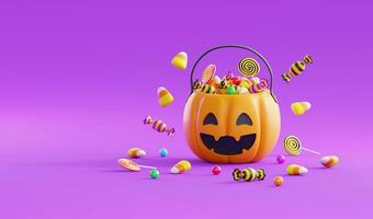 Víspera de Todos los Santos antecedentes modelo con Víspera de Todos los Santos calabaza Cubeta y sitio web de dulces bandera en 3d estilo para póster o saludo tarjeta.3d hacer ilustración foto