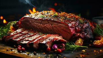 ahumado barbacoa tentaciones complacer en falda costillas y tirado Cerdo con ahumado sabores y culinario Delaware ai generado foto