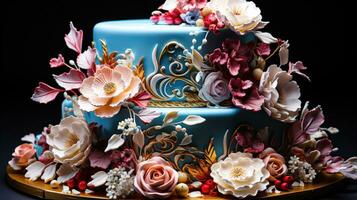 Culinary Elegance A Blue and Gold Cake with Sugar Flowers AI Generated photo