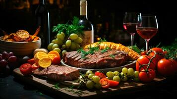 Wine and Dine A Gourmet Dining Experience with Red Meat and Fine Wines AI Generated photo