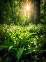Enchanting Lily of the Valley in a Sunlit Fairy Forest. Generative AI. photo