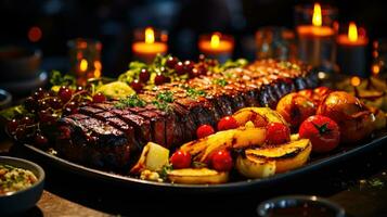 Grilled Meat and Vegetables Platter in a Cozy Restaurant Setting AI Generated photo