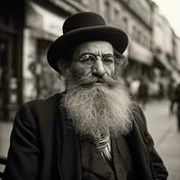 ortodoxo judío hombre, vestido en negro, vistiendo un largo barba y un sombrero generativo ai foto