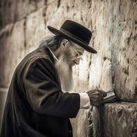 un hasídico judío Orando en el occidental pared en Jerusalén generativo ai foto