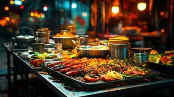 vibrante calle comida escena culinario maravillas de A la parrilla carnes y vegetales ai generado foto