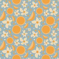 Groovy lemons and flowers seamless hand drawn pattern. Vector illustration