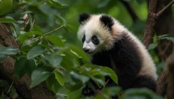 Cute panda sitting on a branch in a tropical rainforest generated by AI photo