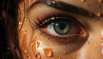 Caucasian woman eye, macro beauty, looking at camera, wet drop generated by AI photo