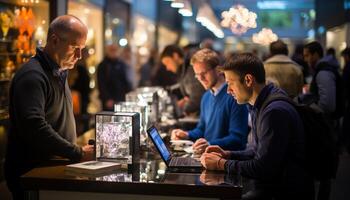 Men working at a table in a city bar at night generated by AI photo