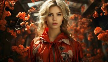 Smiling autumn beauty, a cute fashion model in nature elegance generated by AI photo