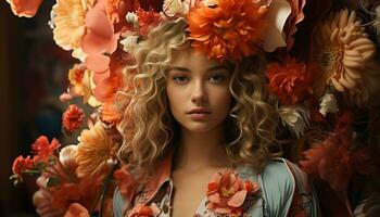 Beautiful blond woman with curly hair holding a flower bouquet generated by AI photo