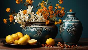 Vase, nature, decoration, table, flower, wood, leaf, fruit, freshness, old fashioned generated by AI photo