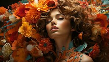 Beautiful woman with flower in hair, exuding elegance and sensuality generated by AI photo