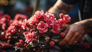 un hombre participación un flor ramo, trabajando en un flor tienda generado por ai foto