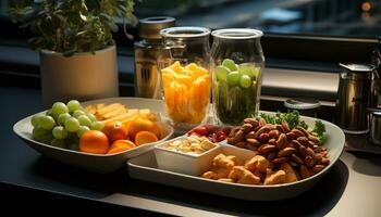 frescura y variedad en el mesa sano comiendo con orgánico Fruta y vegetales generado por ai foto