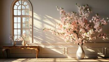 Freshness and elegance bloom in a rustic, comfortable domestic room generated by AI photo