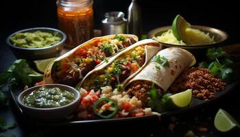 A la parrilla carne de vaca taco con Fresco guacamole, cilantro, y Lima generado por ai foto